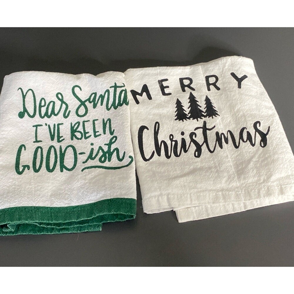 2 Christmas Kitchen Hand Towels Cotton White Holiday Decor